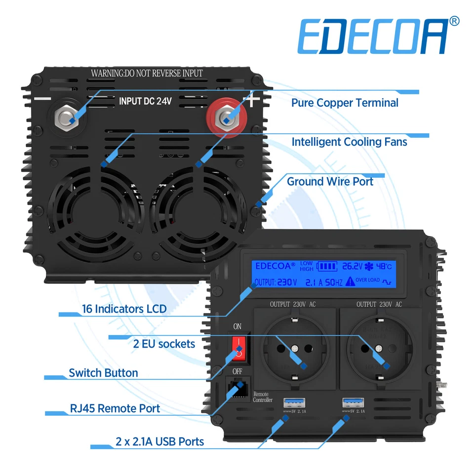 Inversor Convertidor 3000W 6000W 24V 220V Transformator LCD 2 X 2.1AUSB EDECOA - Imagen 3 de 4