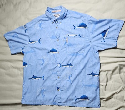 Columbia Mens Shirt XL River Lodge Blue Button Down Fish Print