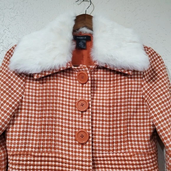 Abrigo de lana tejido naranja y blanco Arden B. cuello desmontable de piel sintética pequeño Foto 2 de 4
