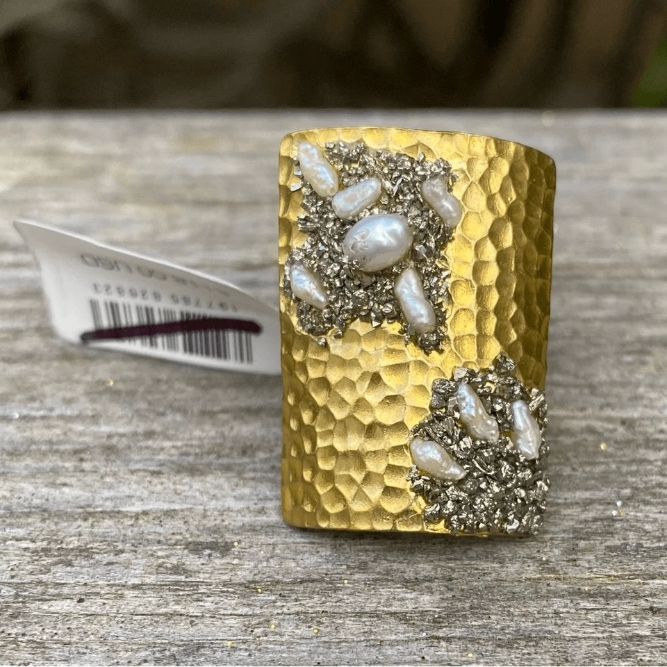 NWT Marly Moretti Free People Alba Freshwater Pearl/Brass/Pyrite Stone Ring Adj - Image 4 of 4