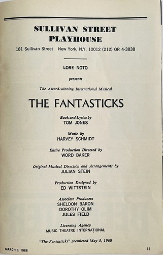 The Fantasticks - Off- Broadway Playbill - Mar 1986 - Segundo cuarto de siglo - Imagen 2 de 2