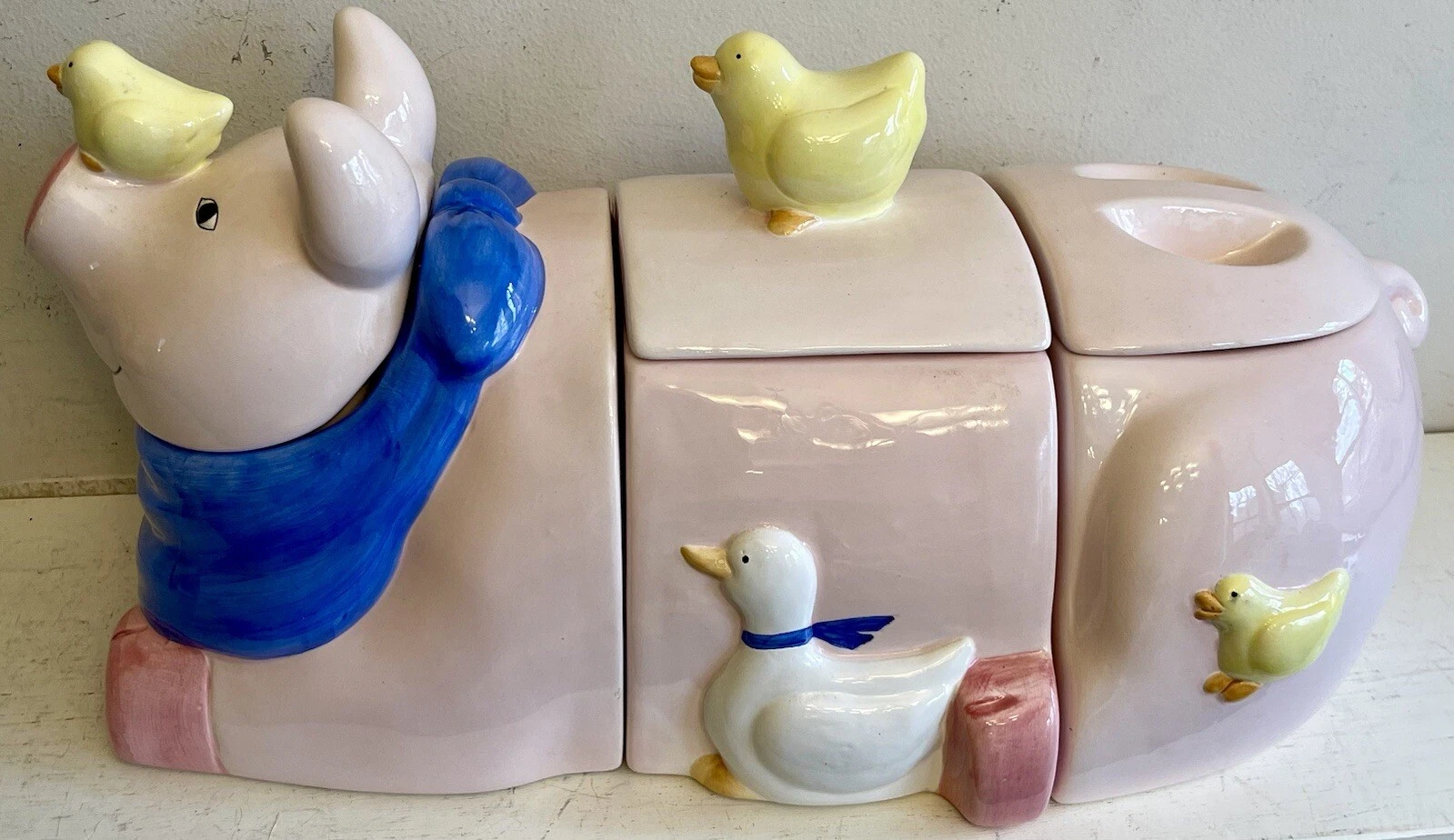 17.5” Coco Dowley Pig 3-Pc Ceramic Set Cookie Jar Chicken Duck Nursery Rare EUC!