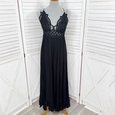 Free People Adella Maxi Dress Women Large Black Lace Top Tiered Ruffle Slip Boho