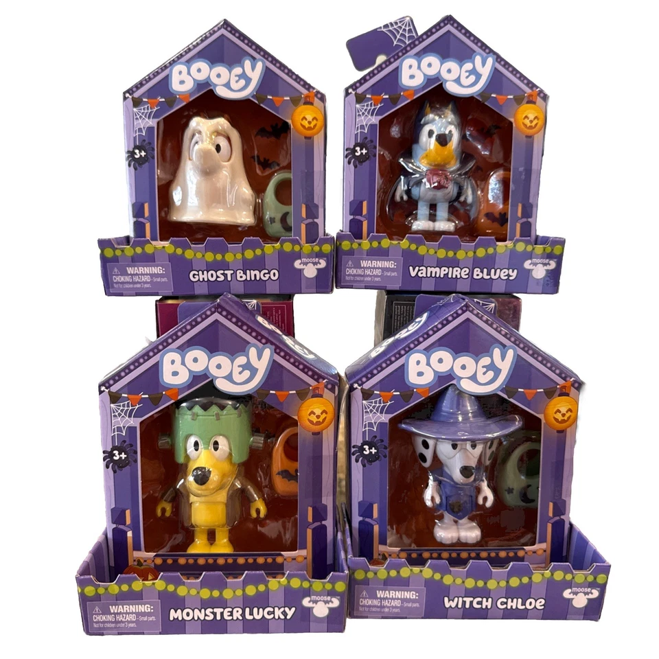 Bluey Booey фигурки полный набор из 4 Chloe Bingo Lucky + ведра Хэллоуин новый лось - Изображение 2 из 4
