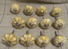 12 Ceramic Hand Painted Cabinet Drawer Knobs Pulls Yellow White Bohemian