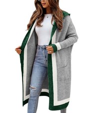 Women's Oversized Hooded Long Striped Cardigan with Pockets M, Gray