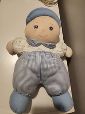 Vtg 2001 Geoffrey You & Me Infant Cloth Rag Baby Doll Plush Blue White 14”