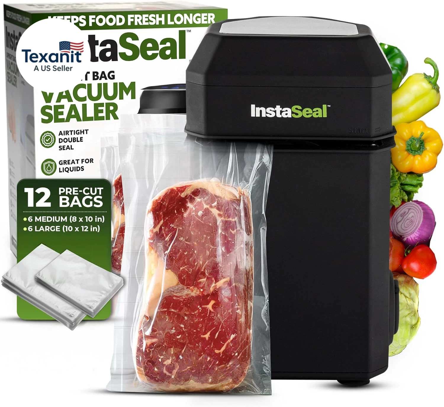 Vacuum Sealer for Food with 12 Bags, Preserves Foods 5X Longer, Space Saving Com
