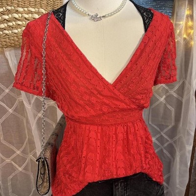 Vintage Alfani Red Lace Babydoll Top Coquette Romantic Date Night Y2K Blouse