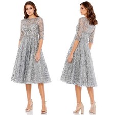 Mac Duggal 20252 Sheer High Neck Elbow Sleeve A Line Dress Silver Beaded Size 10