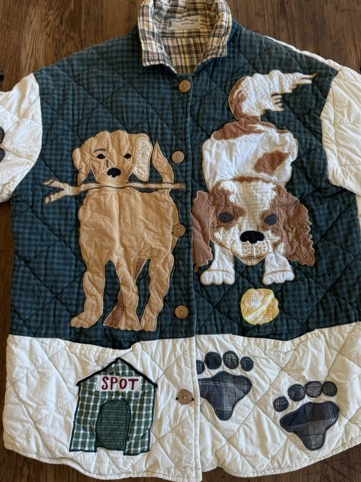 Chaqueta acolchada vintage parche Magic Dog Lab Setter Fetch S reversible retazos S Foto 2 de 4