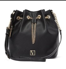 VICTORIA'S SECRET BLACK LILY & GOLD BUCKET CROSSBODY DRAWSTRING BAG BRAND NEW