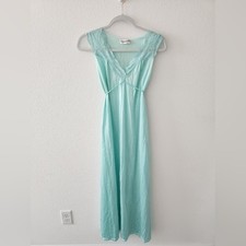 Vintage 90s Light Blue Aqua Lace Trim Long Slip Chemise Dress Made In USA S