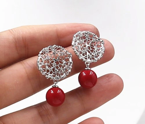 10 mm Red South Sea Shell Pearl  Stud Women Lady Girl  Earrings 18KGP - Picture 1 of 5