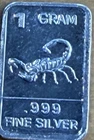 1 Gram .999 Fine Silver Art Bar Ingot. Scorpion. Fun & Unique Way To Invest.