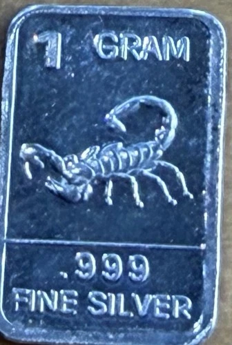 1 Gram .999 Fine Silver Art Bar Ingot. Scorpion. Fun & Unique Way To Invest.