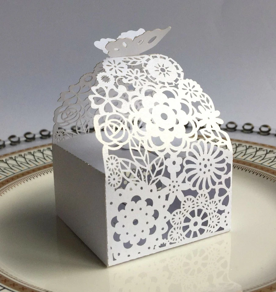 Laser Cut Flower Candy Boxes Wedding Favor Cake Box with Butterfly - Image 2 of 4