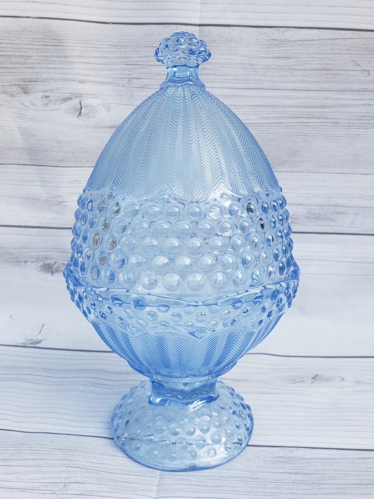 Vintage Gorham Crystal Emilys Attic Blue Hobnail Egg Shaped Candy Dish