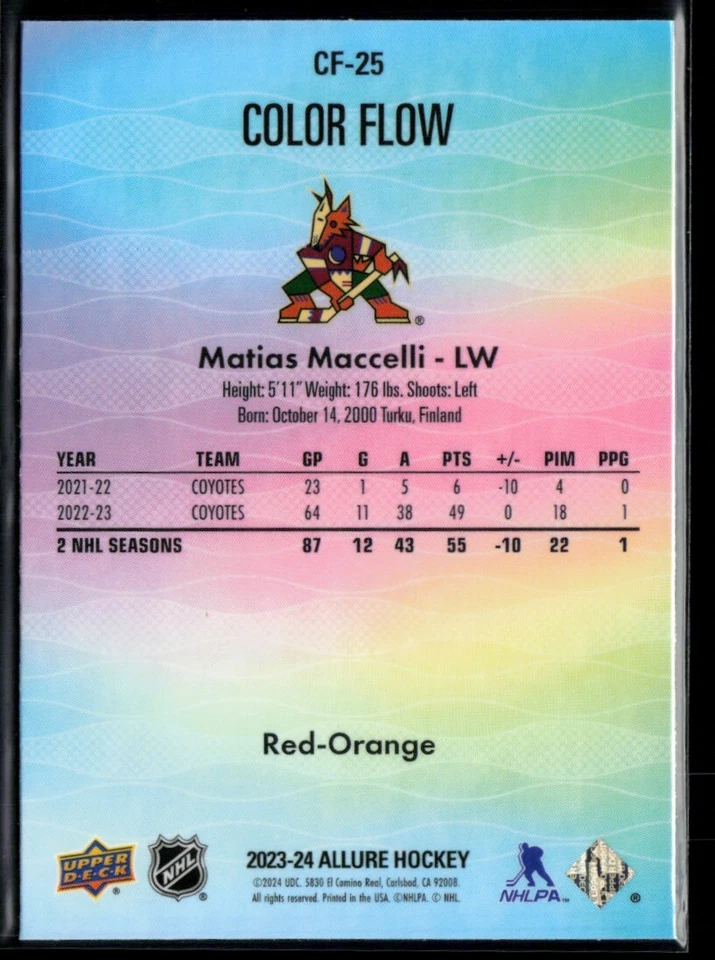 2023-24 Upper Deck Allure Color Flow Red-Orange #CF-25 Matias Maccelli - Image 2 of 2