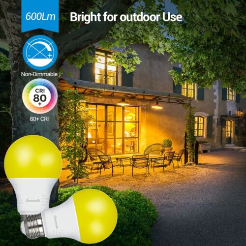 DEWENWILS 4 Pack LED Bug Light Bulbs Outdoor 2400K Amber Glow 600LM A19 E26 - Picture 2 of 11
