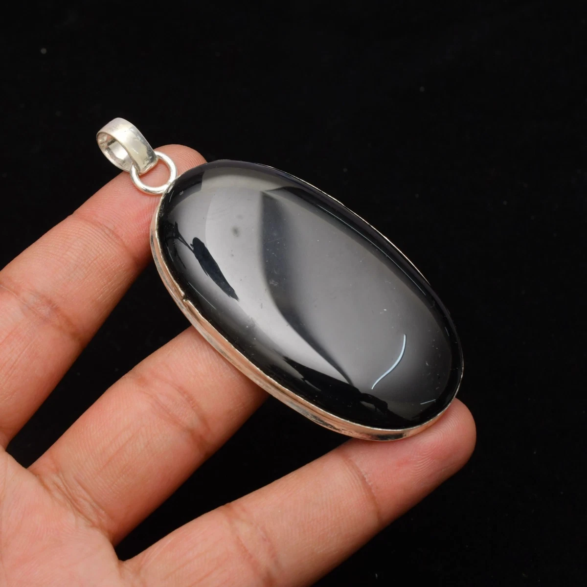 Pendentif Ancien En Argent 925 Avec Pierre D'Onyx Naturelle Ovale - Occasion Bon état