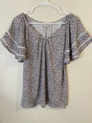 LOFT  Women s Ditsy Floral Multicolor Flutter Sleeves Cottage Core Top