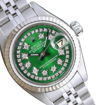 Rolex Datejust Steel String Green Diamond Dial 14KW Fluted Jubilee 26mm Watch