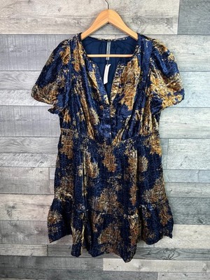 By Anthropologie The Somerset Minikleid Gr. XL UK 16-18 Navy Gold Samt