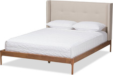 Brigitte Walnut Wood Platform Bed with Beige Upholstery - Stylish & Durable