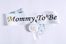 Mommy To Be Sash  Daddy To Be Badge Gender Reveal Neutral Greenery Ribbon