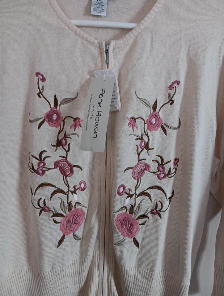Rena Rowan Women's Petite PXL Zip Embroidered Silk Blend Cardigan Ivory - Image 3 of 4