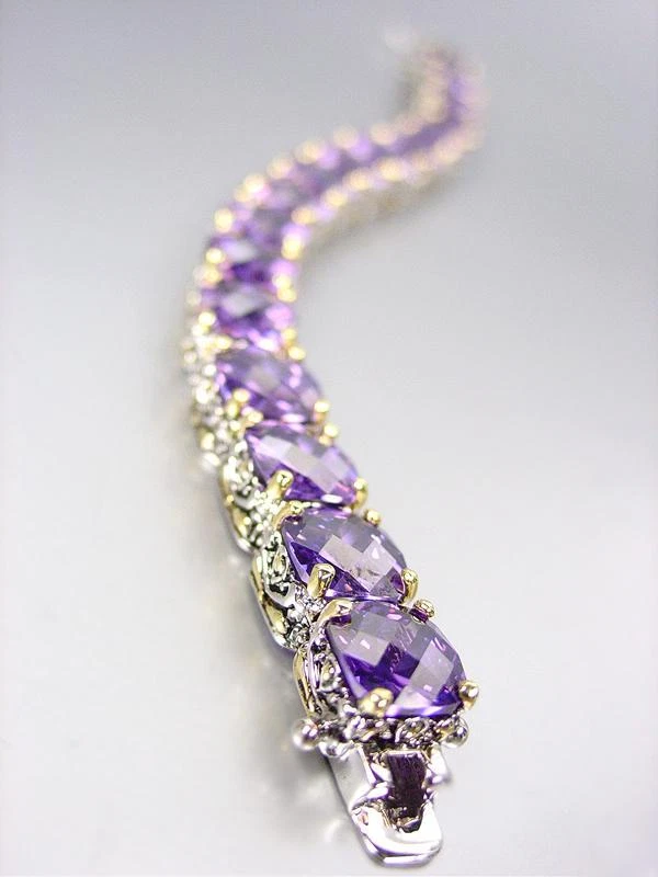 NUEVO Brazalete de Eslabones de Cristales Púrpura Amatista Claro Balinesa Oro Plata Diseñador Foto 2 de 4