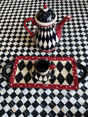 Grasslands Road Espresso Cup/Saucer Red & Black Harlequin MacKenzie-Childs Style