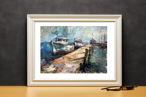 Harbour Boats Dock 5"x7" Print on Matte Paper | Bold Oil Seascape Artwork - Picture 8 of 17