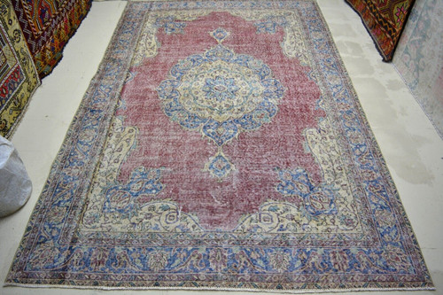 Antique Red Faded Handmade Floor Rug, 6.7x10.3ft, Turkish Vintage Livingroom Rug
