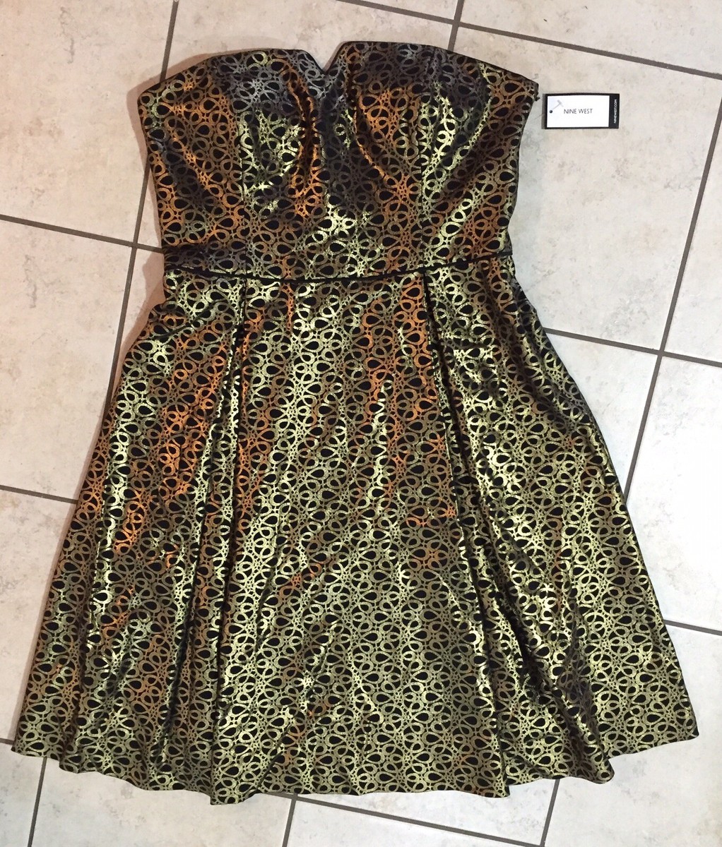 NINE WEST NWT MSRP$99 Strapless Metallic Gold Abstract Print Dress 10