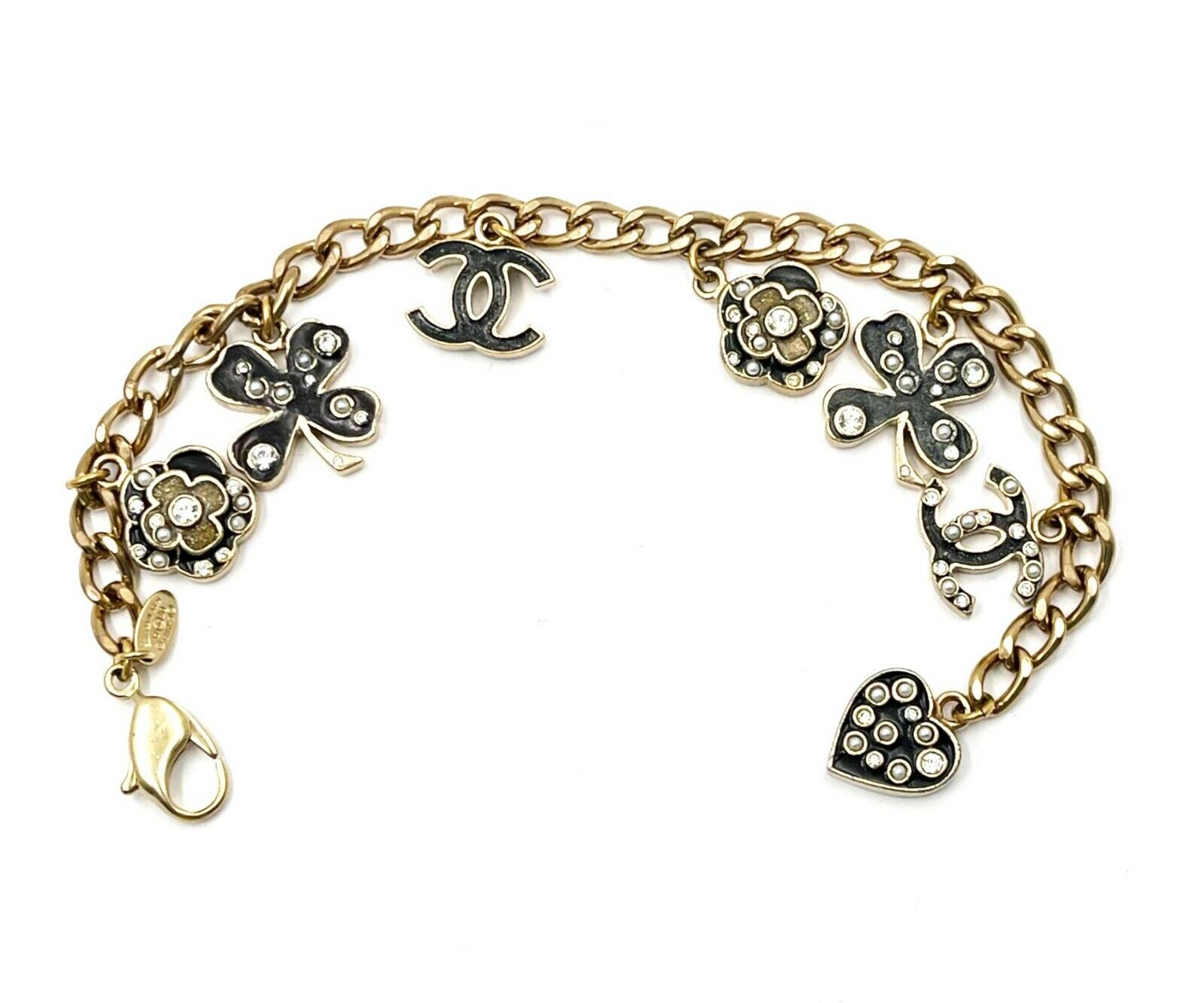 Chanel Vintage Gold CC Black Clover Camellia Pearl Crystal Charm Bracelet