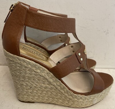 Michael Kors ST13L Brown Leather Wedge Sandals Womens Jute Heel Size M  EUC!