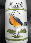 White Glass opaque 10” MILK bottle with lid & hand painted bird vintage Egizia