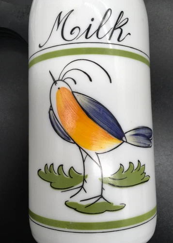 White Glass opaque 10” MILK bottle with lid & hand painted bird vintage Egizia
