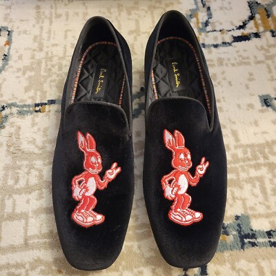 PAUL SMITH Black Velvet Pink Rabbit ''DRYDEN'' Shoes Loafers slippers Size 7 ITALY