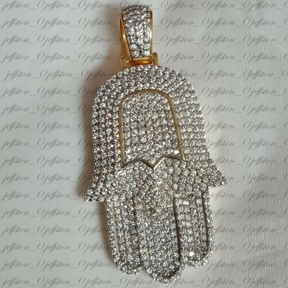 3.85Ct D/FL Round Cut Moissanite 14K Yellow Gold Plated Hamsa Hand Pendant 1.50" - Image 2 of 4