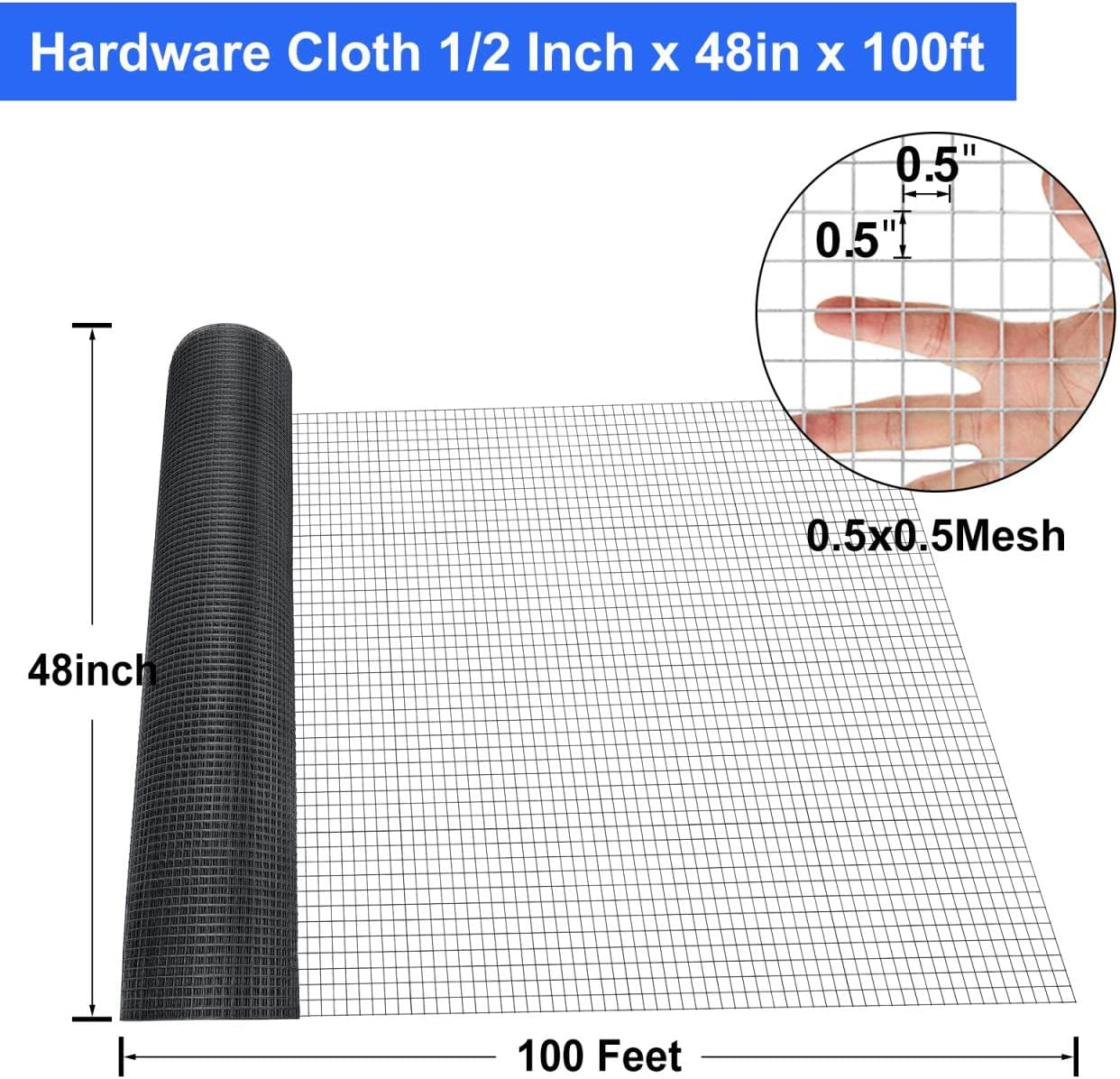 48 Inch×100 Ft Black Vinyl Coated Hardware Cloth, 19 Gauge 1/2 Inch