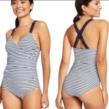 Kona Sol One Piece Swimsuit Size XL Womens Navy Stripe Shirred Macrame Strap