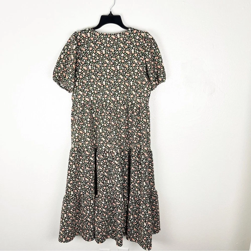 ASOS Design Black Ditsy Floral Print Puff Sleeves Tiered Smock Dress, Size 6 - Image 2 of 4