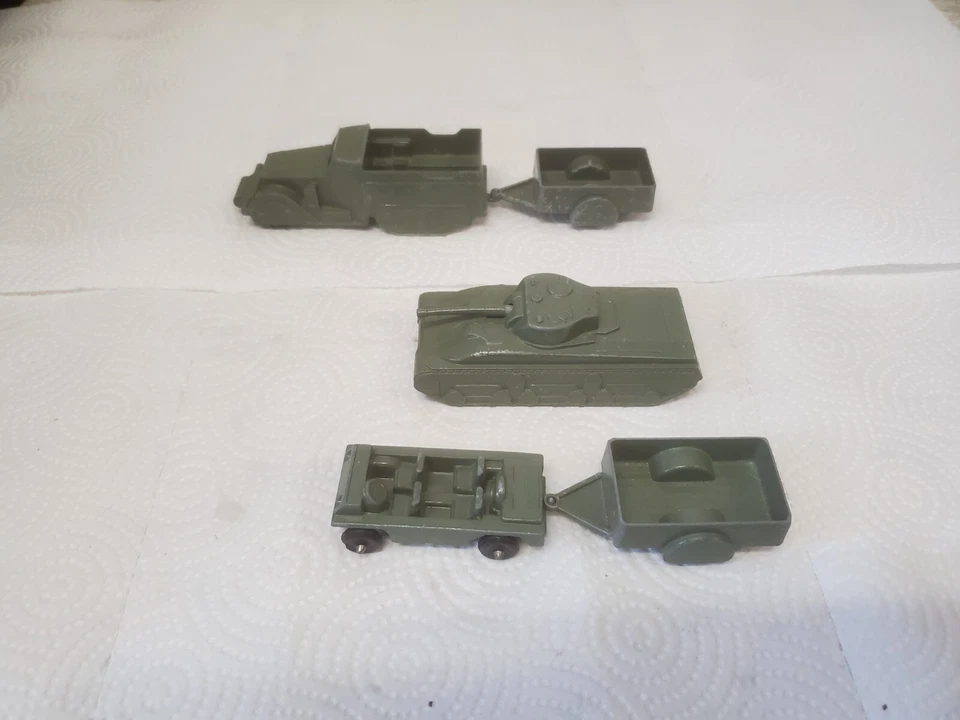 5 Midge Toy Metal Army Vehicles Tank Jeep Halftrack 2 Trailers Green  - Image 4 of 4