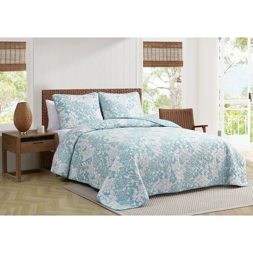 Queen Quilt Set Beach Blue Floral Coastal Bahama Tropical Vibe Lightweight 3Pc - Picture 10 of 24