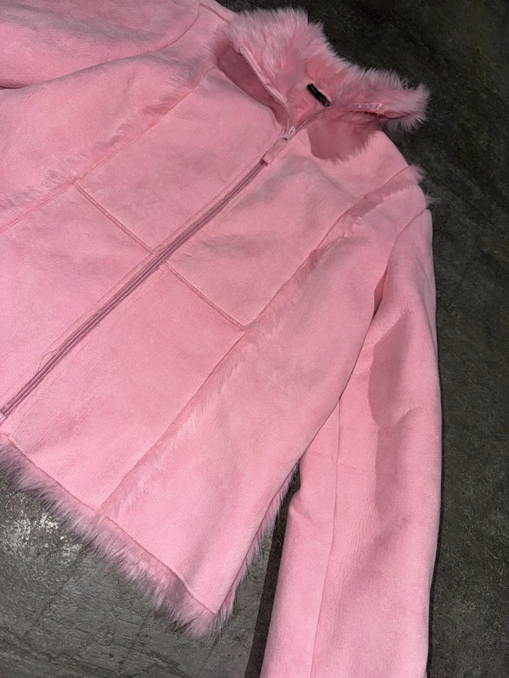 复古 90 年代 Y2K 泡泡胶粉色人造毛皮衬里便士巷中长外套拉链 — 第 2/4 张图片