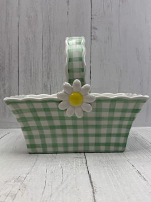 Easter Spring Teleflora Daisy Ceramic Basket Flower Planter Gingham Green White