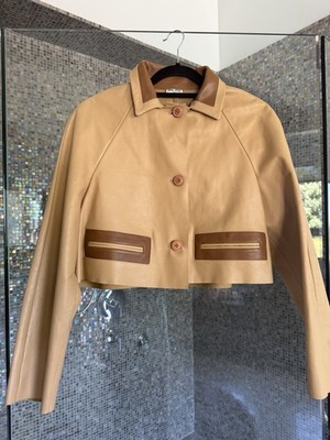 Auth Miu Miu Brown Cowhide Leather Cropped Bomber Jacket